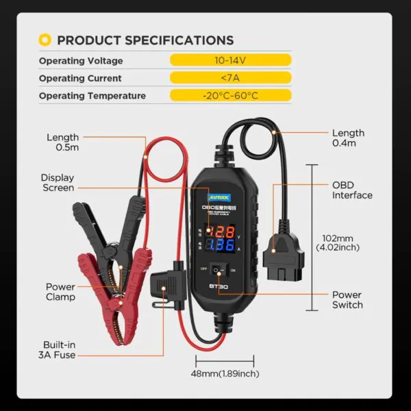 ⁦جهاز الحفاظ على بور السيارة لتغيير البطارية  او فحص السيارة AUTOOL BT30 ECU⁩ - الصورة ⁦2⁩