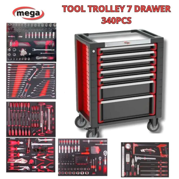 صندوق عدة بأدراج – 340 قطعة – 7 أدراج – MEGA Tool Trolley