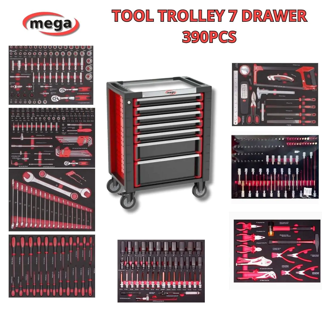 صندوق عدة بأدراج – 390 قطعة – 7 أدراج – MEGA Tool Trolley